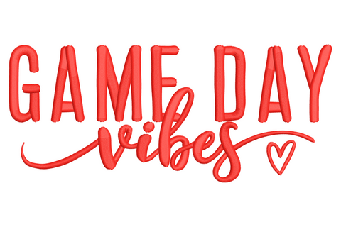 Game Day Vibes embroidery in bold red block letters and flowing script with small heart detail on white background.