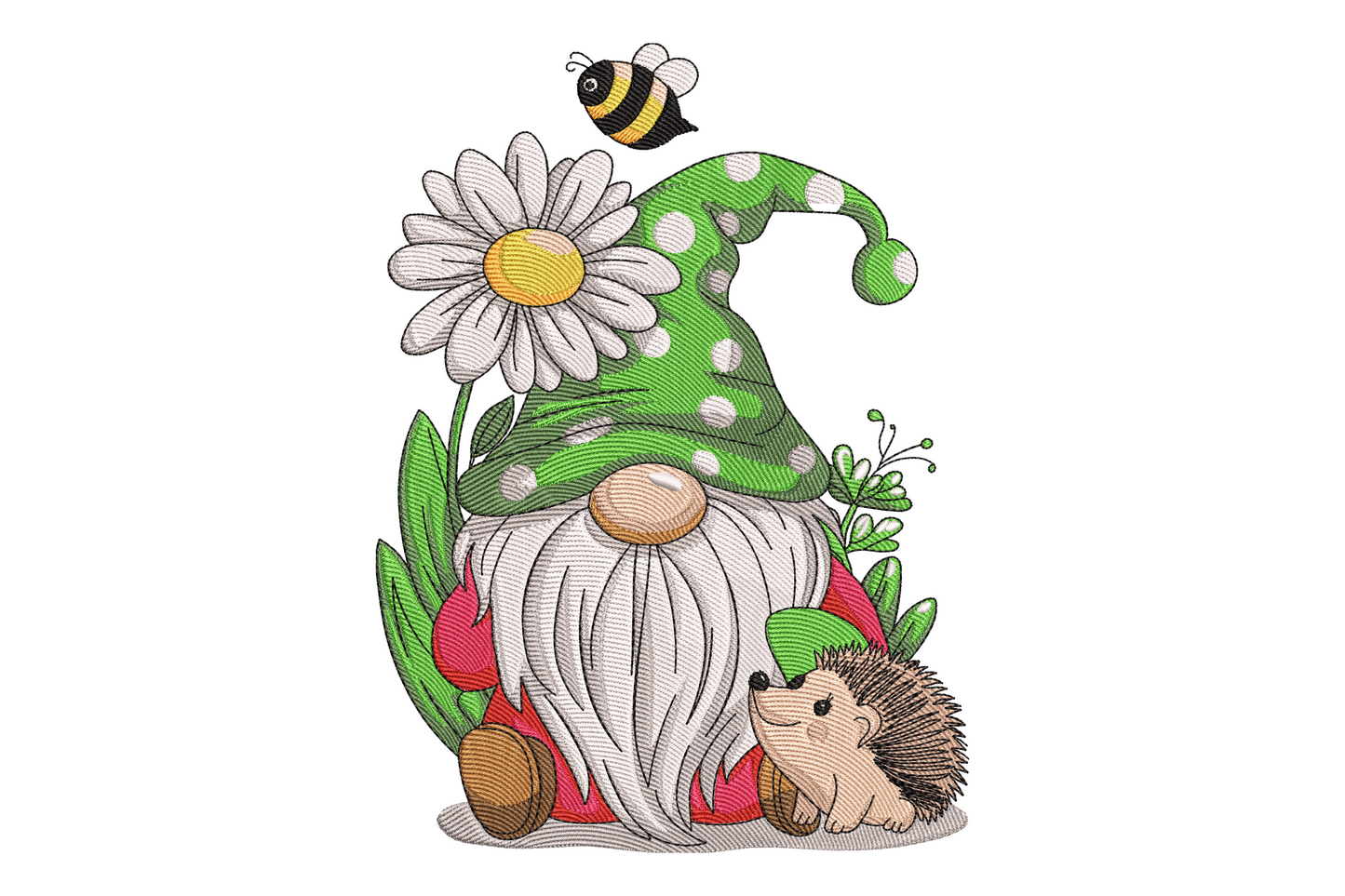 Garden gnome with daisy and hedgehog machine embroidery, 13 colours, whimsical spring scene with bumblebee and acorns