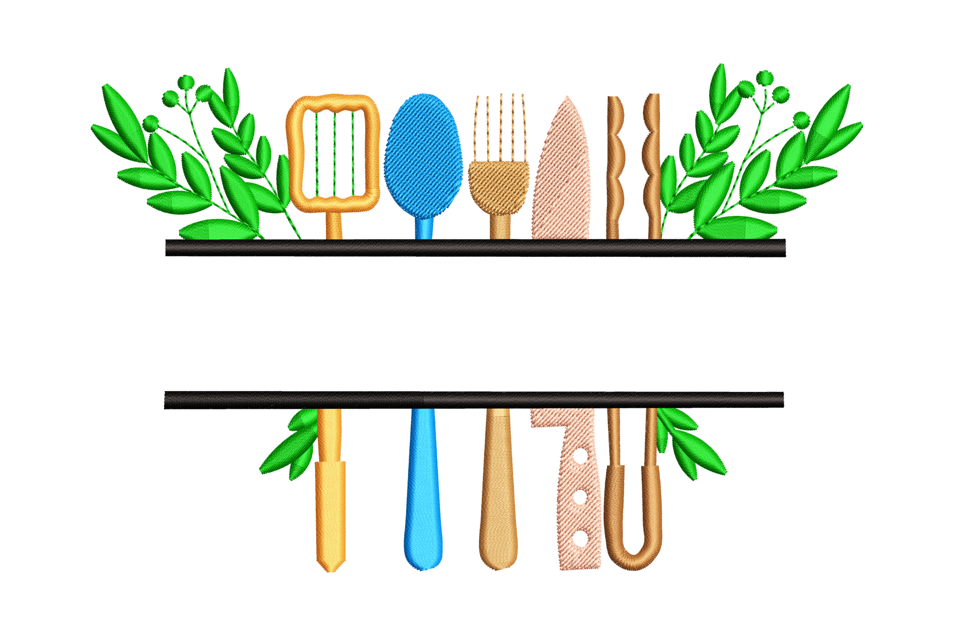 Garden tools split shelf border embroidery in 7 colours, green ferns and tools on two black shelves with name gap.