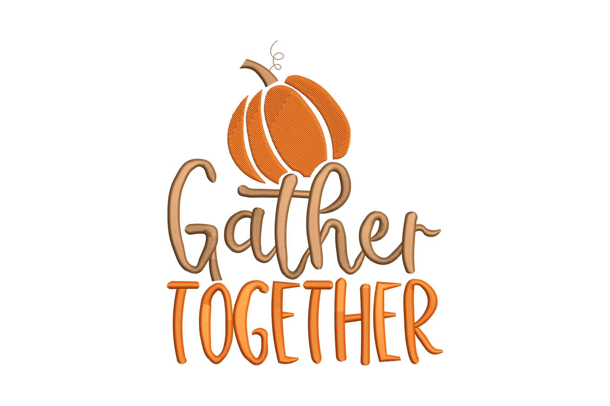 Gather Together minimalist thanksgiving design with brown cursive script, orange block lettering and small orange pumpkin.