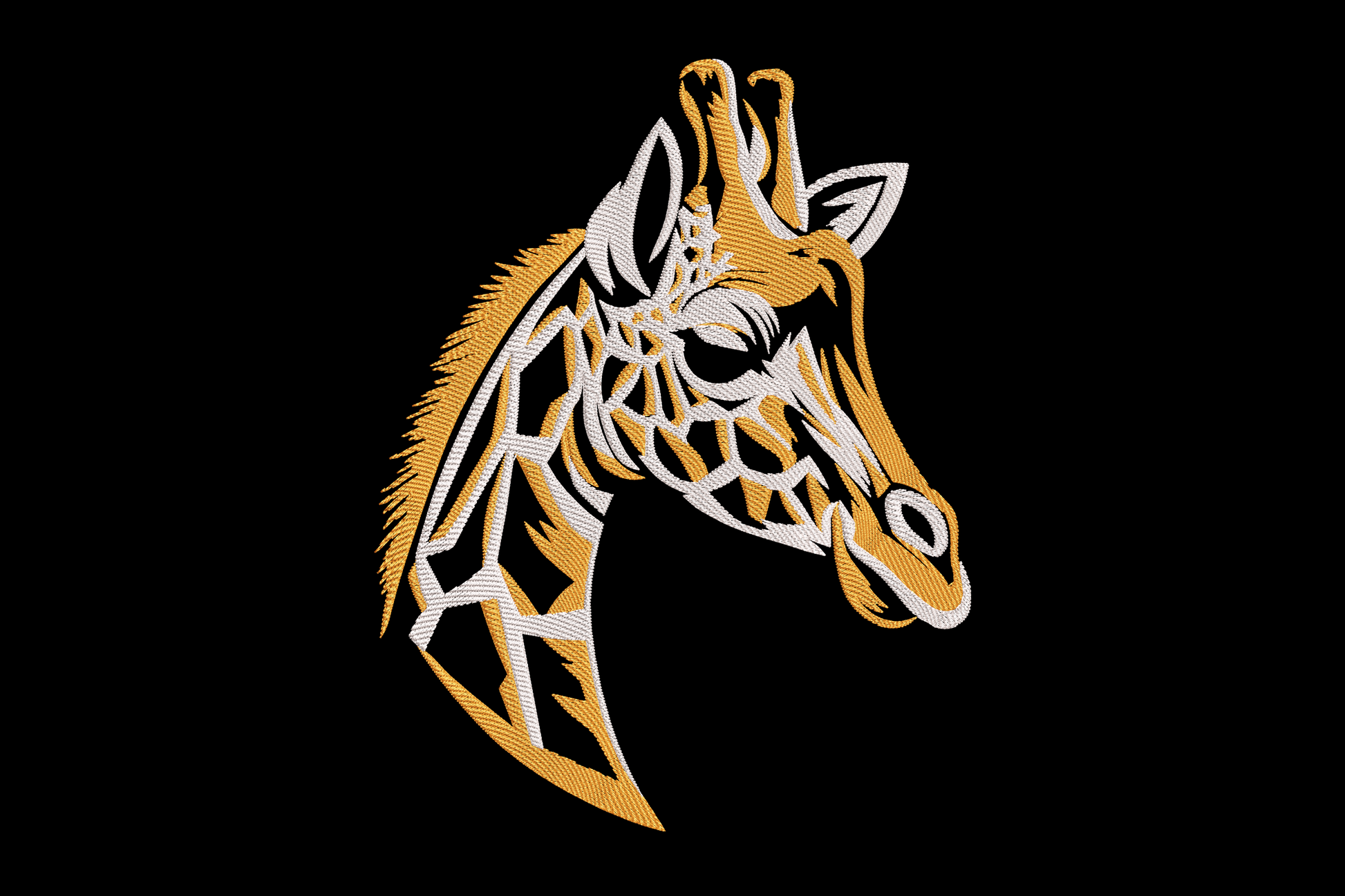 Geometric giraffe head embroidery design with angular polygon facets in orange and white on white background.