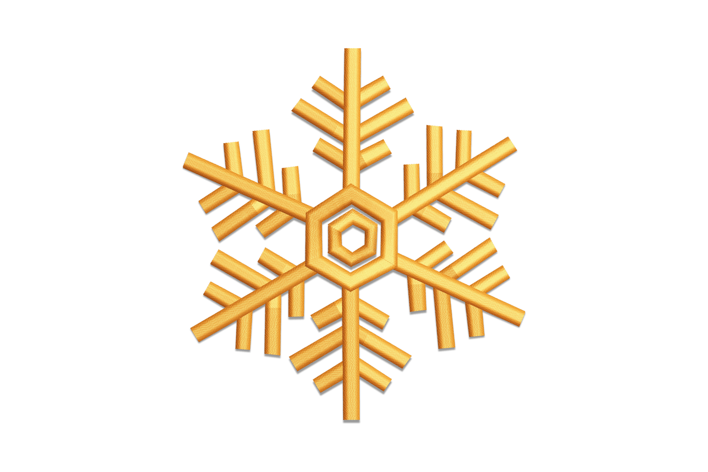 Geometric snowflake embroidery design with flat rectangular arms and hexagonal centre, bold graphic style, 4 sizes from 2 to 5 inches, digitised in Wilcom EmbroideryStudio