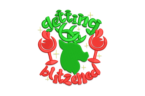 Getting Blitzened embroidery design with tipsy reindeer holding wine glasses, dark green and red lettering, Christmas humour badge style.