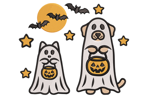 Ghost cat and ghost dog cartoon figures side by side, white ghost shapes with cat ears and floppy dog ears, minimal four colour halloween machine embroidery design.