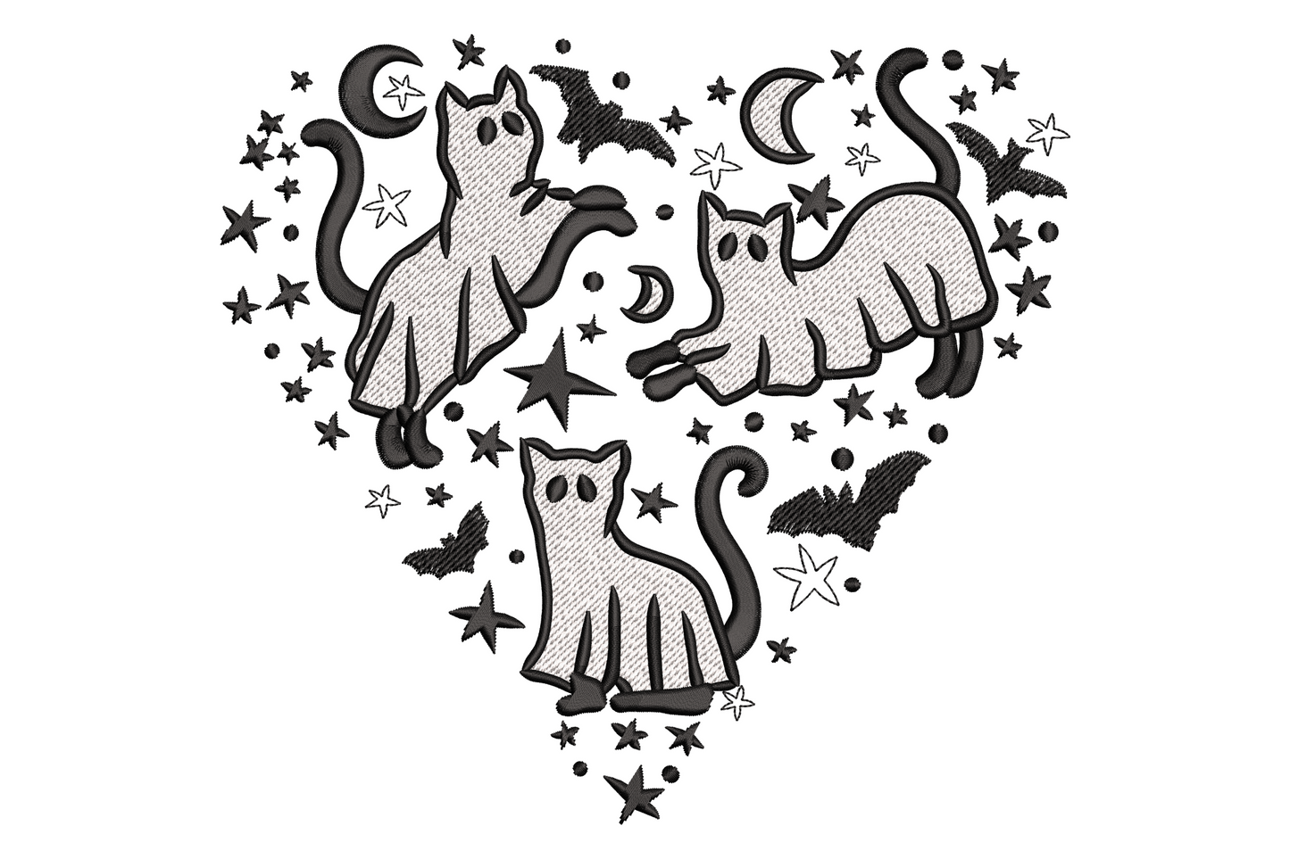Ghost cats halloween heart embroidery design, white ghost kittens with bats and stars inside a heart outline, black and white 2 colors, 5 sizes