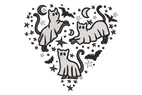 Ghost cats halloween heart embroidery design, white ghost kittens with bats and stars inside a heart outline, black and white 2 colors, 5 sizes