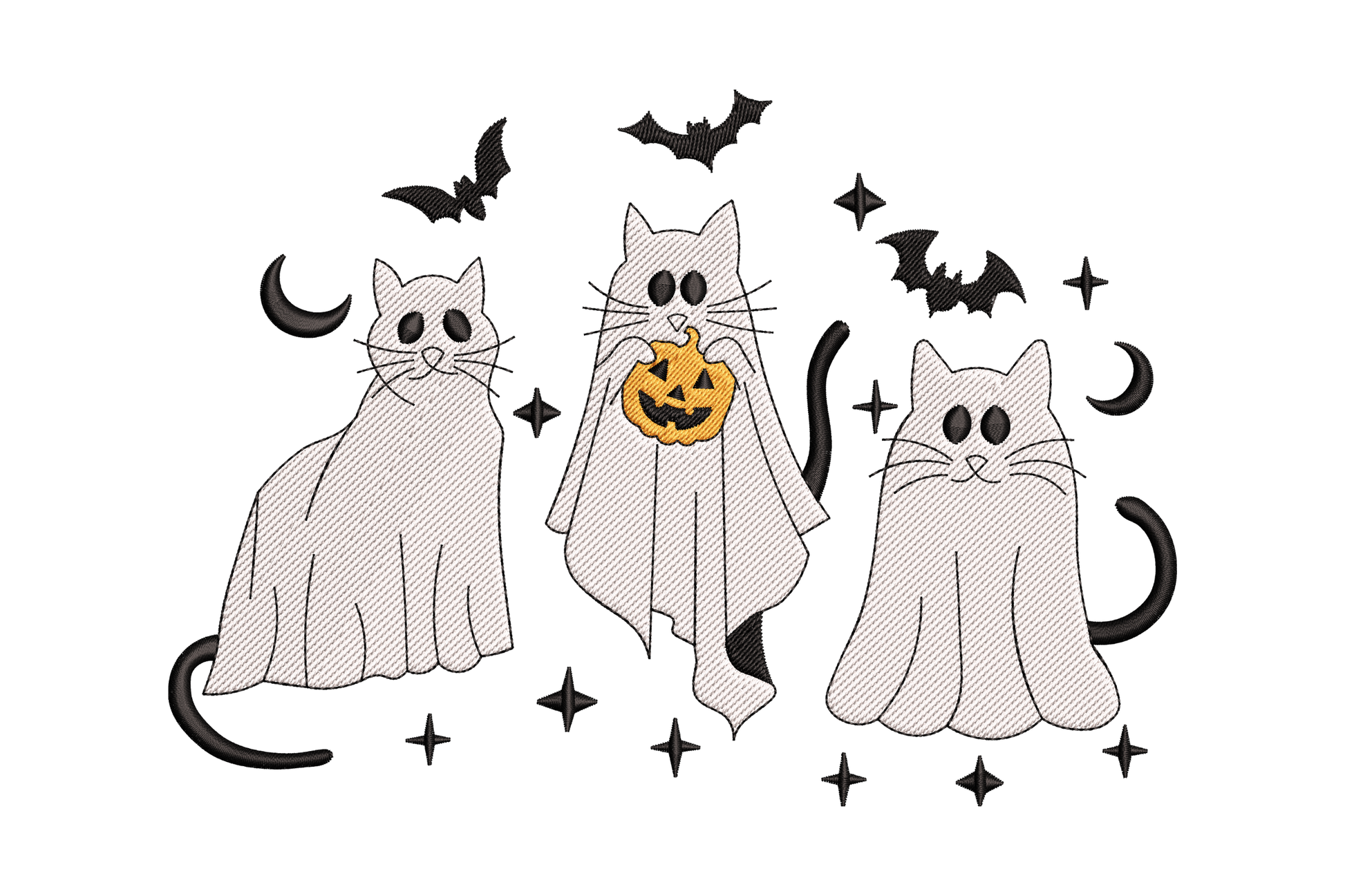 Row of three cartoon cats draped in white sheet ghost costumes with cat ears poking through, black eye holes, scalloped sheet hems, halloween motif.