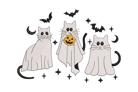 Row of three cartoon cats draped in white sheet ghost costumes with cat ears poking through, black eye holes, scalloped sheet hems, halloween motif.