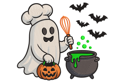 Ghost chef halloween embroidery design, cartoon ghost wearing chef hat holding cooking pot, 9 colours, 3.5 inches wide, detailed machine embroidery.