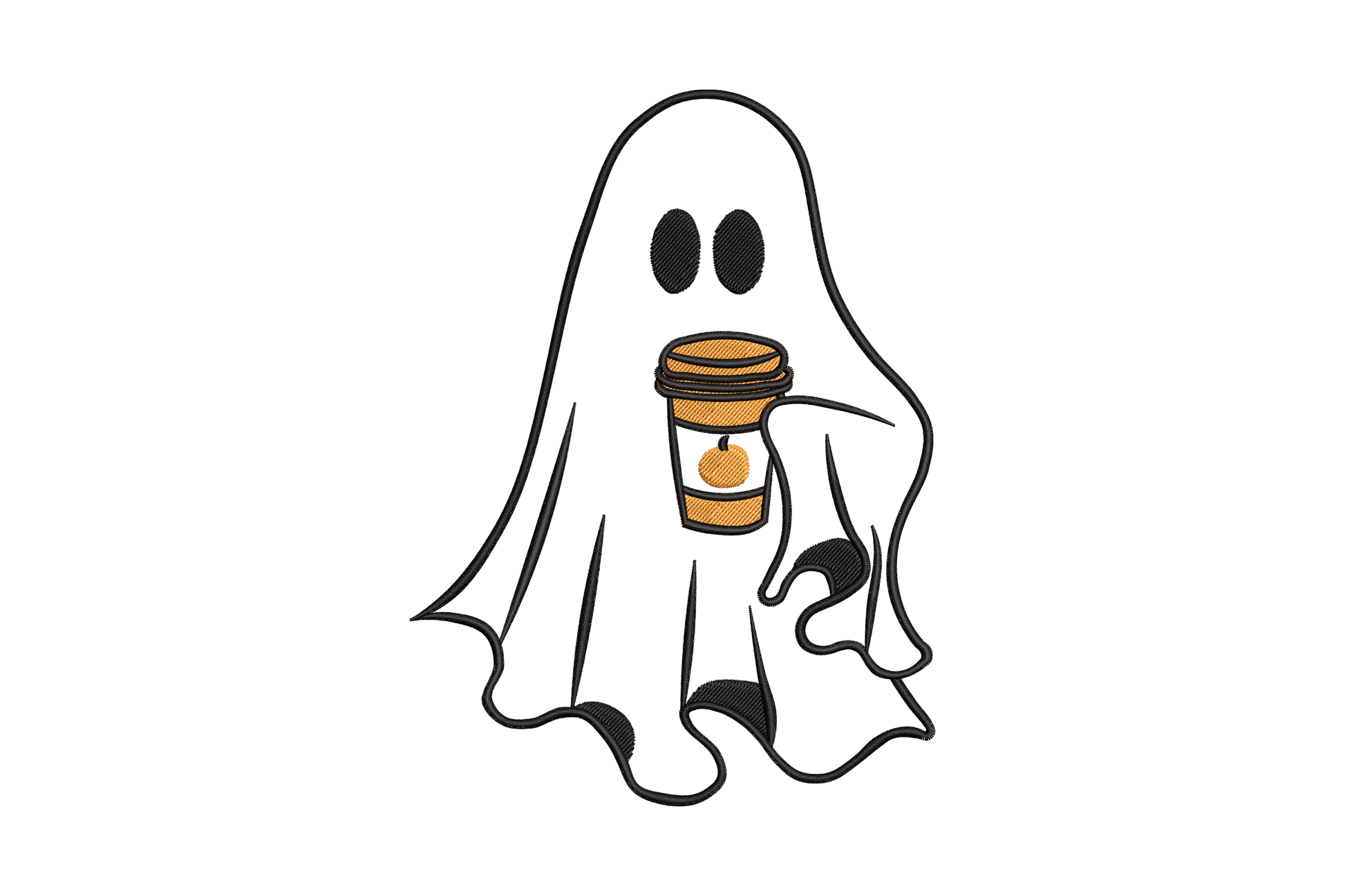 Cartoon white ghost holding takeout coffee cup with black lid, simple oval eyes and small mouth, friendly halloween motif in two flat colours.