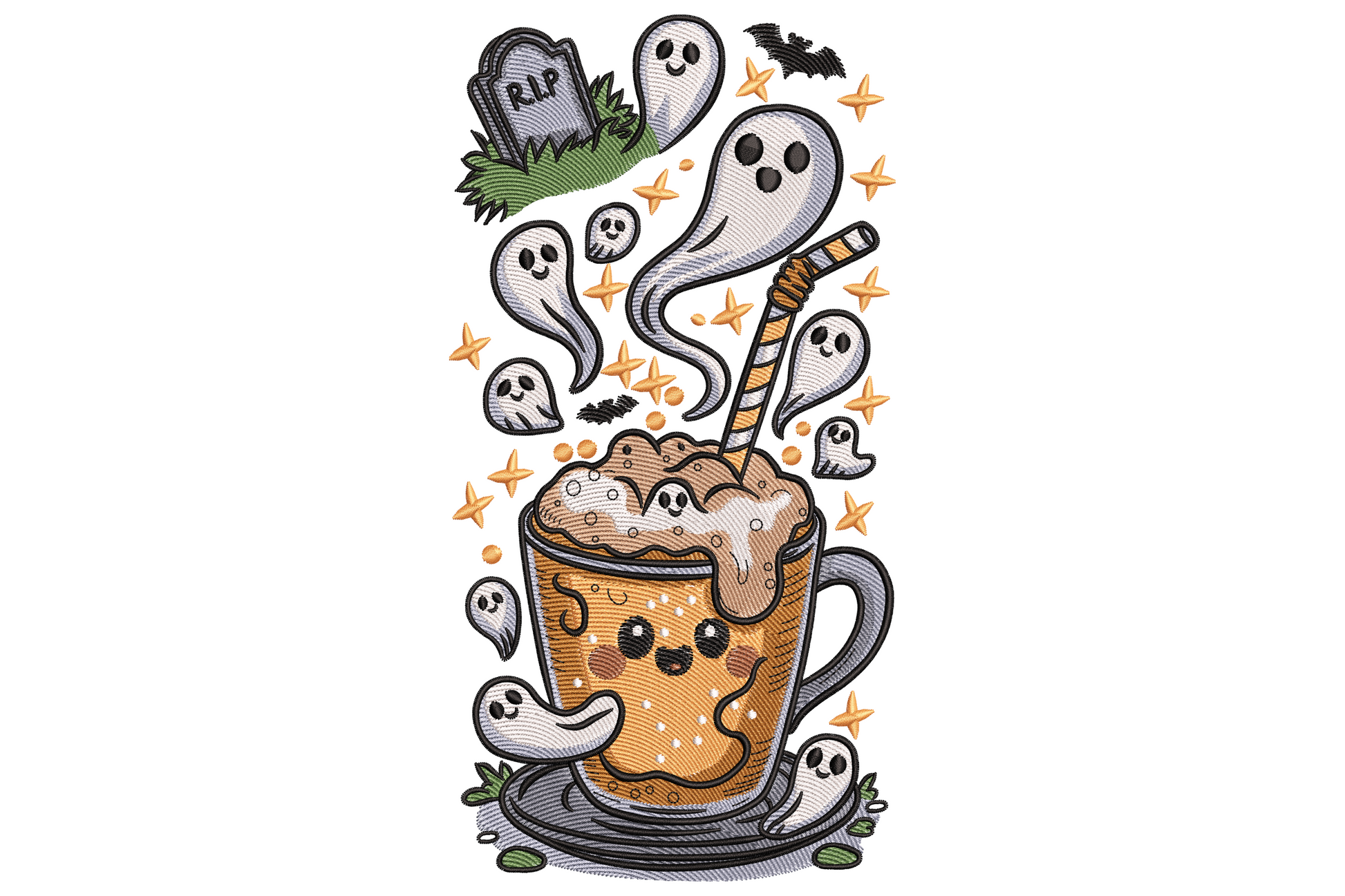 Halloween embroidery design with kawaii coffee mug, nine ghosts, RIP tombstone, bats and orange star confetti scatter.