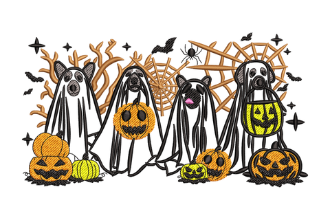 Machine embroidery design of two cartoon dogs wearing white ghost Halloween costumes and carrying orange pumpkin candy baskets