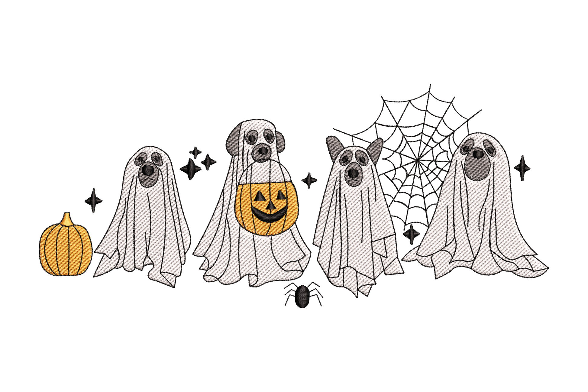 Ghost dogs halloween embroidery design, five dogs in white ghost sheet costumes with pumpkin, spider web and spider, 4 colours.