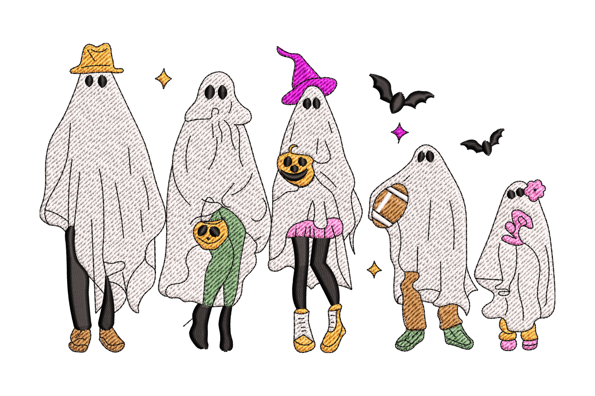 Halloween ghost family embroidery, five ghost figures in costumes with pumpkin, bat and witch hat in white and multicolour