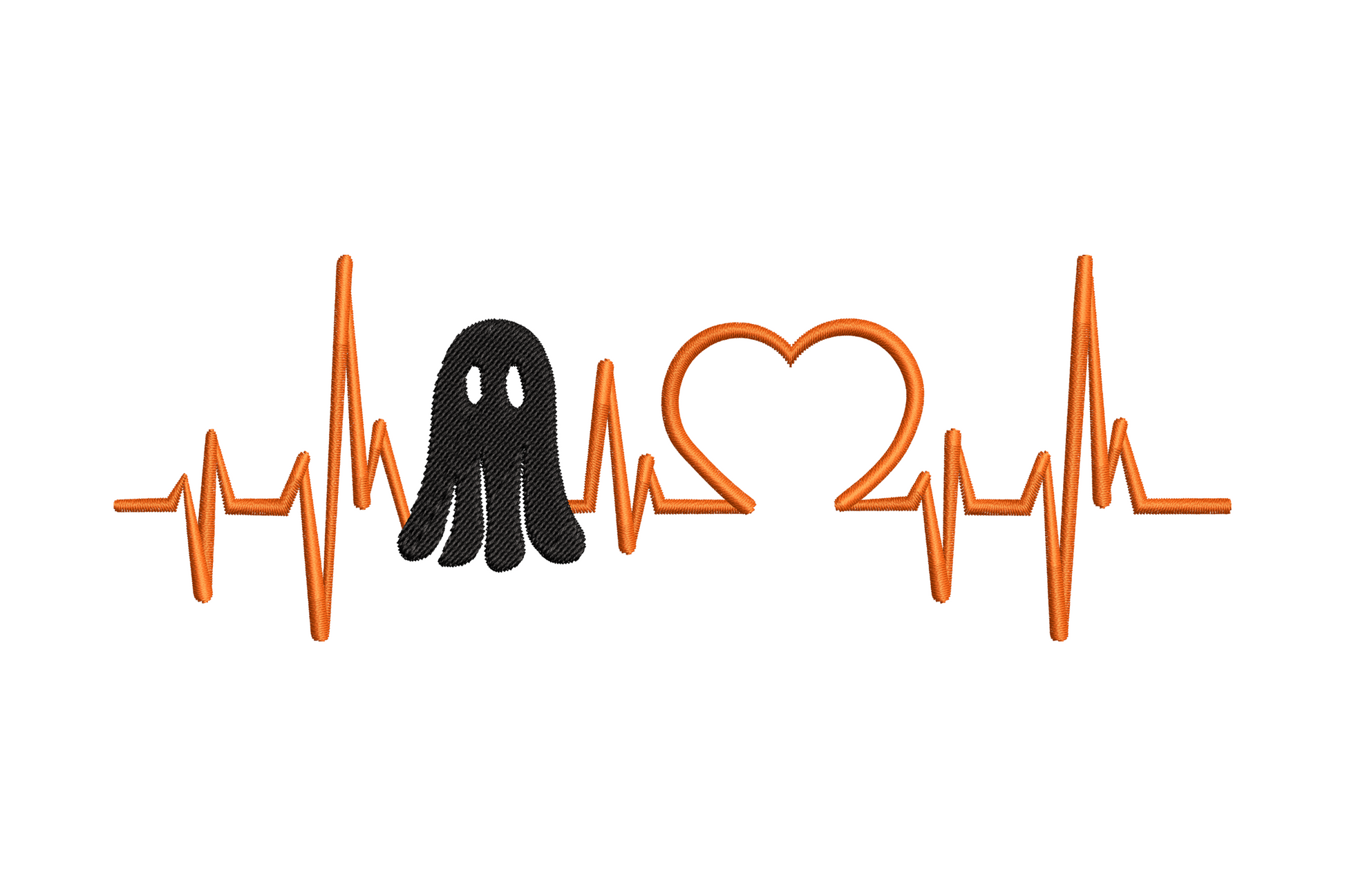 Ghost Heartbeat embroidery design with orange EKG line, scribble ghost in black and open heart outline, 2 colours, 5 sizes