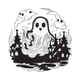 Ghost Over Haunted Village Embroidery Design, Instant Download