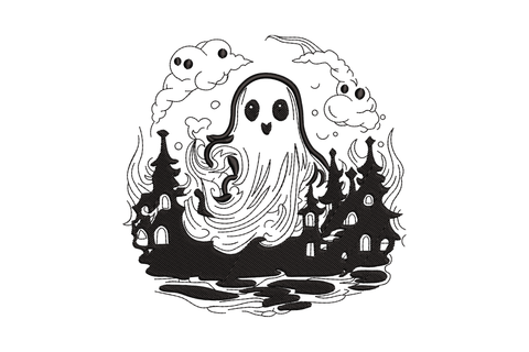Ghost over haunted village embroidery design, ghost above haunted houses slate grey thread on cream cotton tee