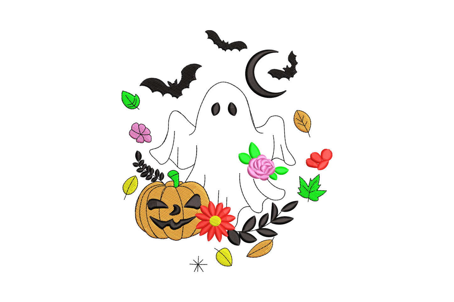 Ghost pumpkin hybrid halloween embroidery design, orange jack-o-lantern body with friendly ghost-face cutout in oval eyes and o-shaped mouth, dark green stem and small black bats around edges.
