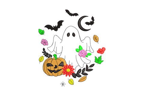 Ghost pumpkin hybrid halloween embroidery design, orange jack-o-lantern body with friendly ghost-face cutout in oval eyes and o-shaped mouth, dark green stem and small black bats around edges.