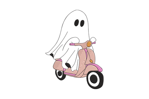 Ghost riding a pink Vespa scooter embroidery design, 4 colours with orange detail and black outline on white fabric.