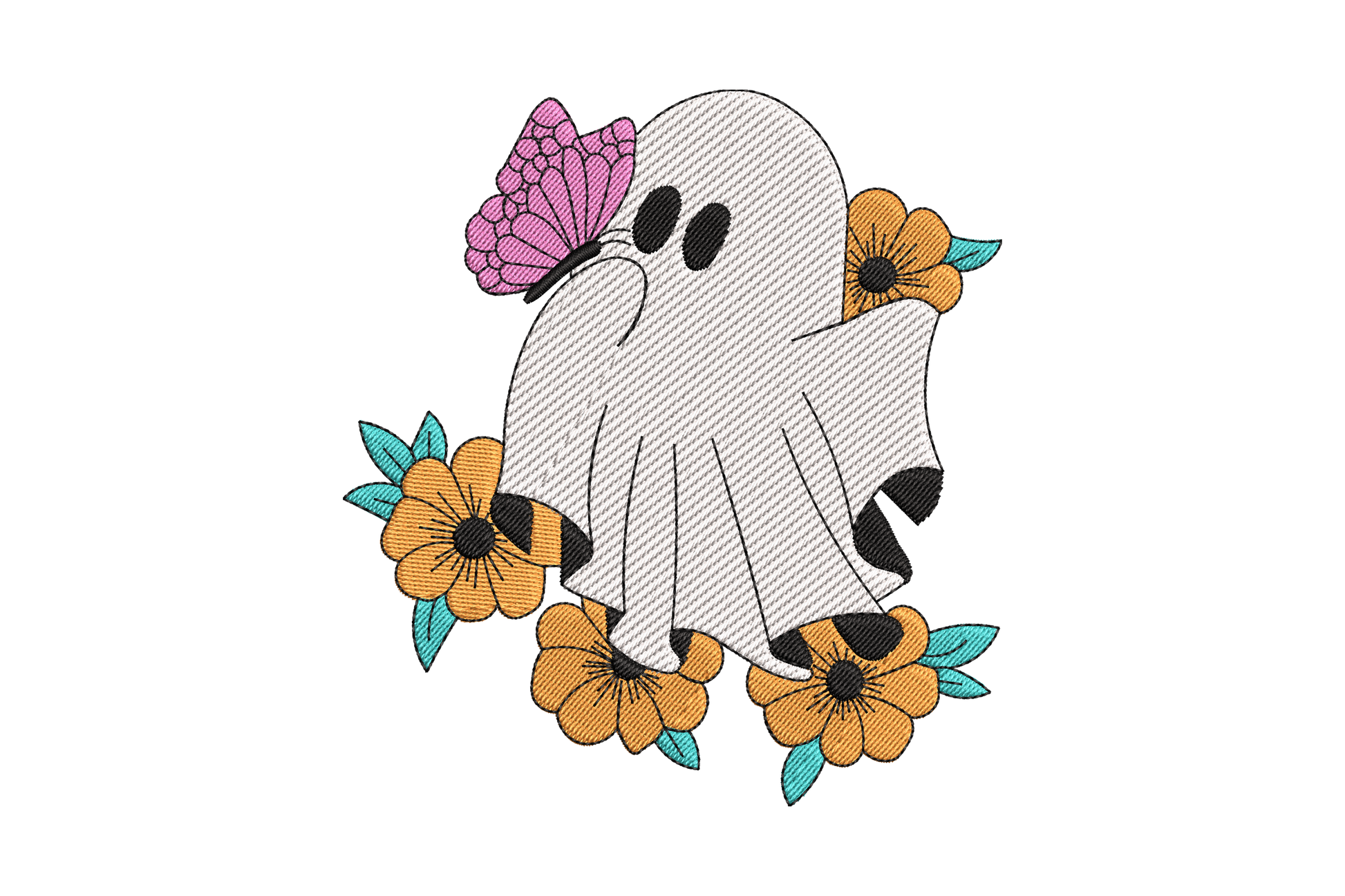 Cute ghost with pink butterfly and orange flowers embroidery design, 5 colours on white fabric with teal leaf accents.