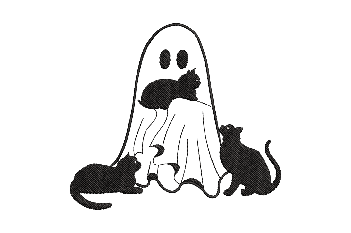 Halloween ghost with two black cats silhouette embroidery, solid black and white two-colour design on fabric.