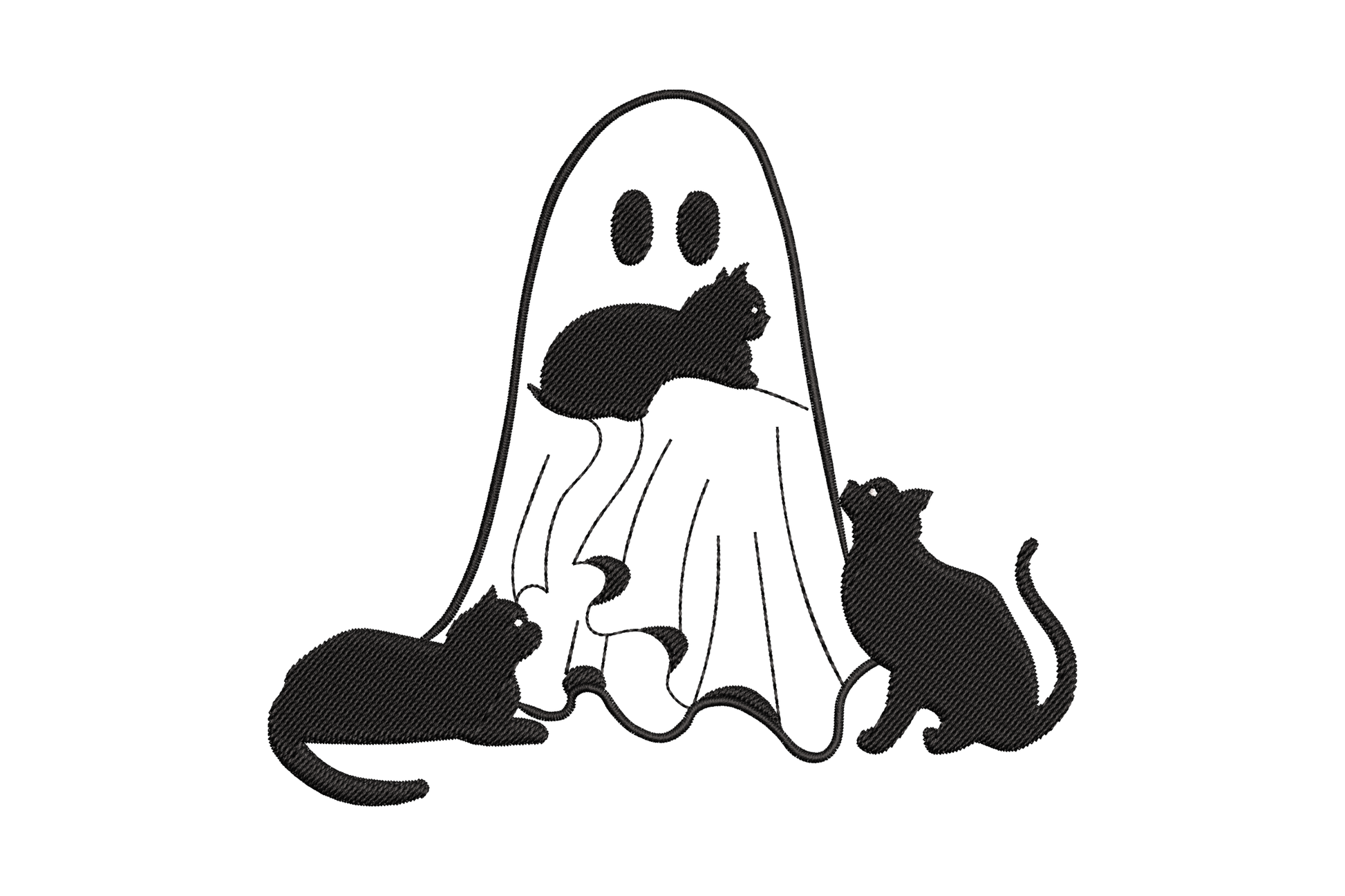 Halloween ghost with two black cats silhouette embroidery, solid black and white two-colour design on fabric.
