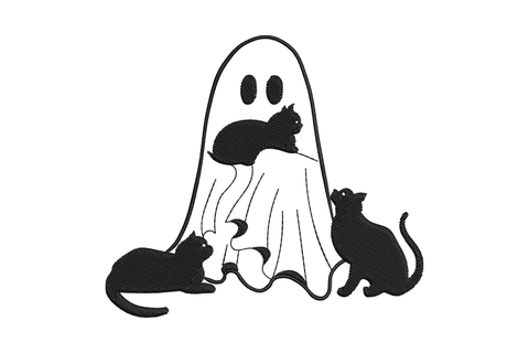 Halloween ghost with two black cats silhouette embroidery, solid black and white two-colour design on fabric.