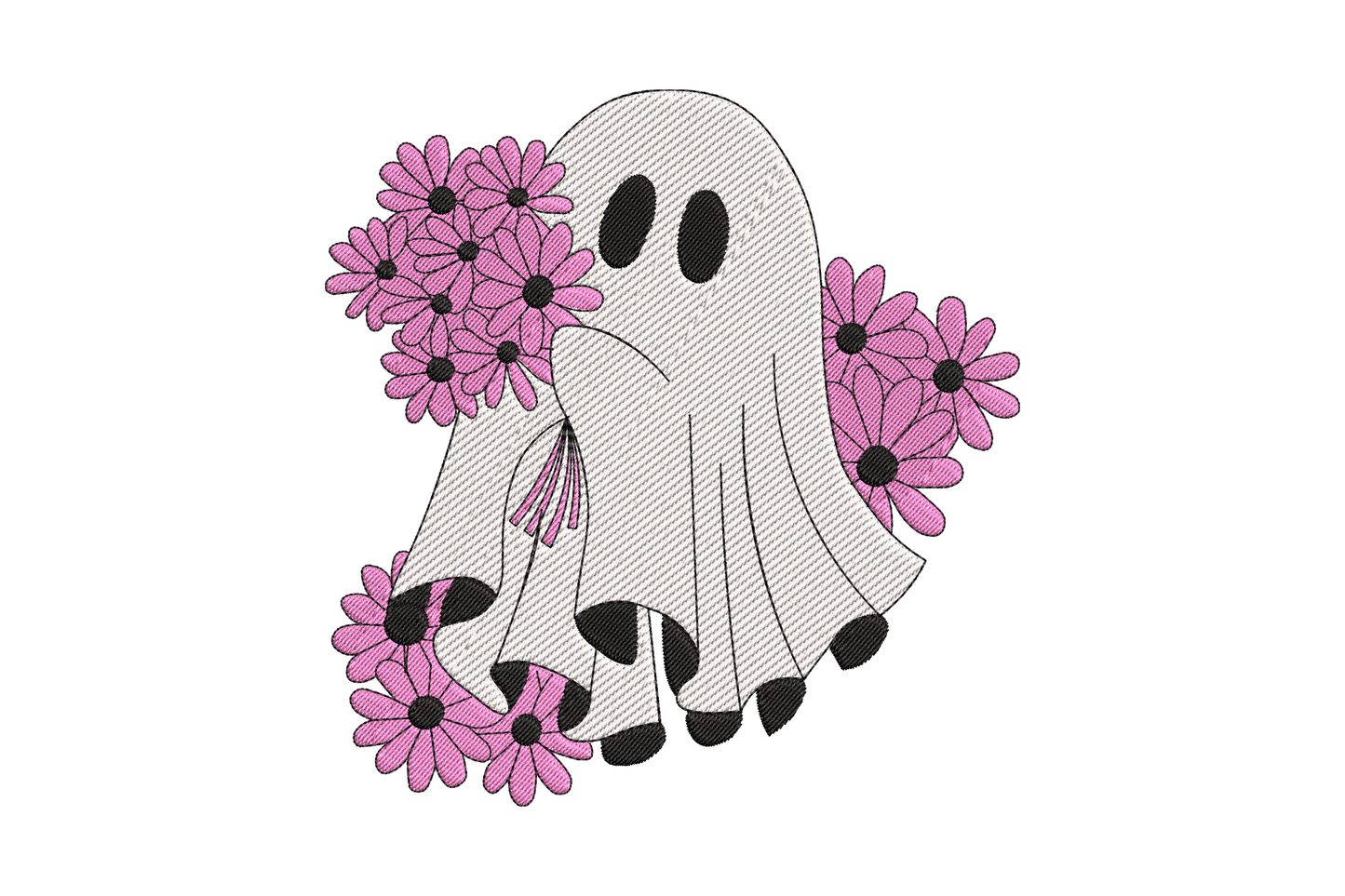 Ghost with pink flower bouquet embroidery design, hot pink daisies wrapped around white ghost body with black eye detail.
