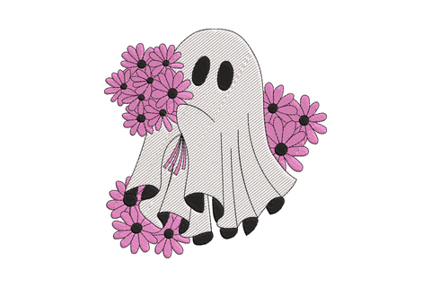 Ghost with pink flower bouquet embroidery design, hot pink daisies wrapped around white ghost body with black eye detail.