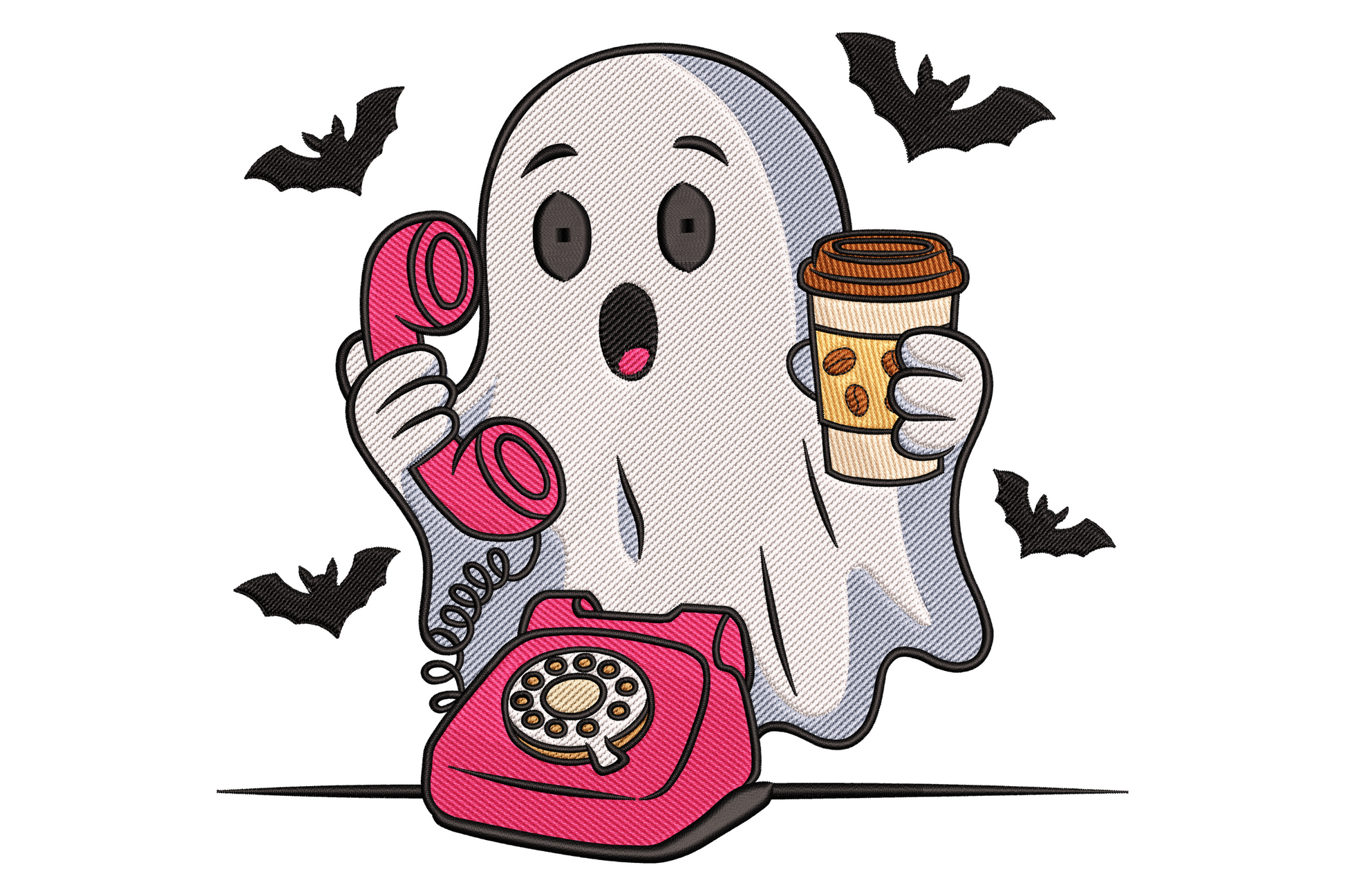 Ghost on the phone halloween embroidery design, white cartoon ghost holding dark smartphone, 9 colours, 3.5 by 3.2 inches, detailed machine embroidery.