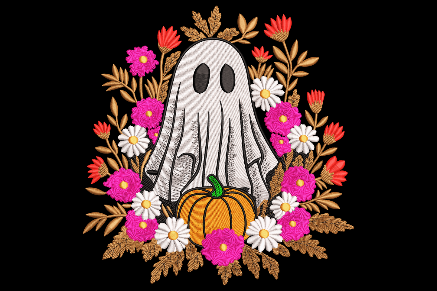 Ghost with floral pumpkin frame embroidery showing a smiling white ghost centred in an autumn wreath of pumpkins, leaves, berries and flowers.