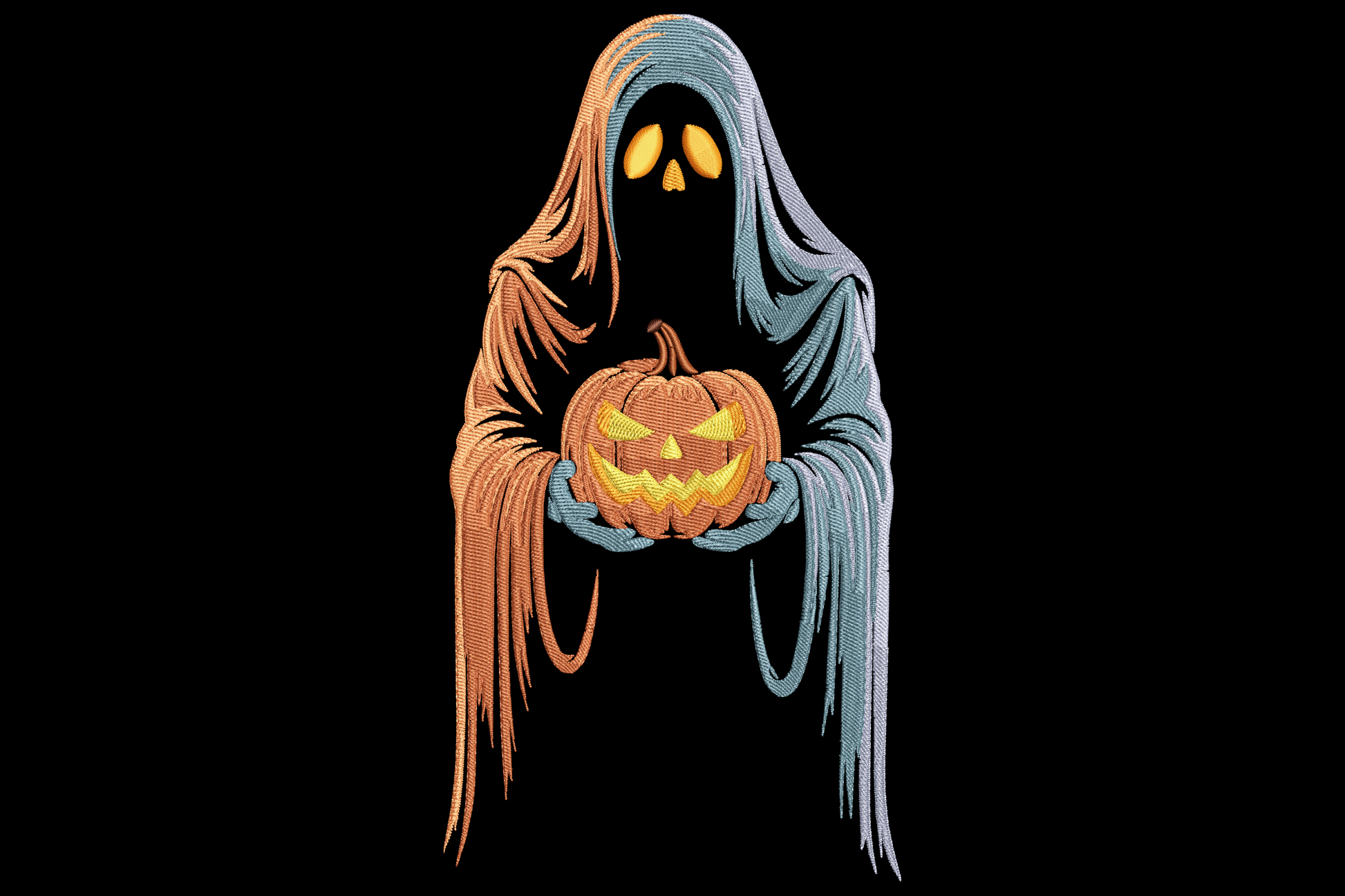 Halloween embroidery design with hooded reaper ghost holding a glowing jack-o-lantern in rust, slate blue, amber and black.