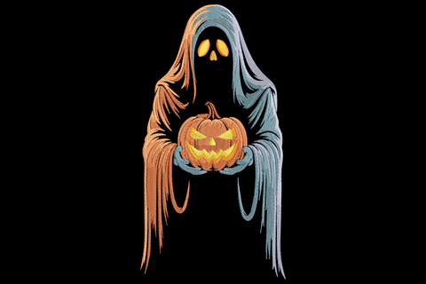 Halloween embroidery design with hooded reaper ghost holding a glowing jack-o-lantern in rust, slate blue, amber and black.