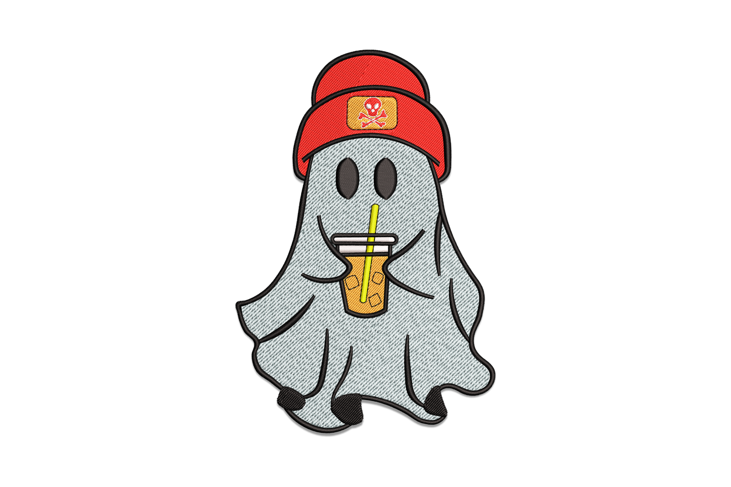 Blue-grey halloween ghost wearing red baseball cap with skull logo holding orange iced drink, 6 colour embroidery design, sizes 2.51 to 6.51 inch