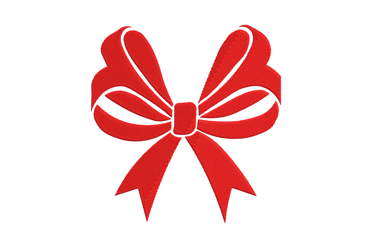 Solid red gift bow machine embroidery design, symmetrical loops and ribbon tails, dense satin fill, 5 sizes 2 to 6 inch