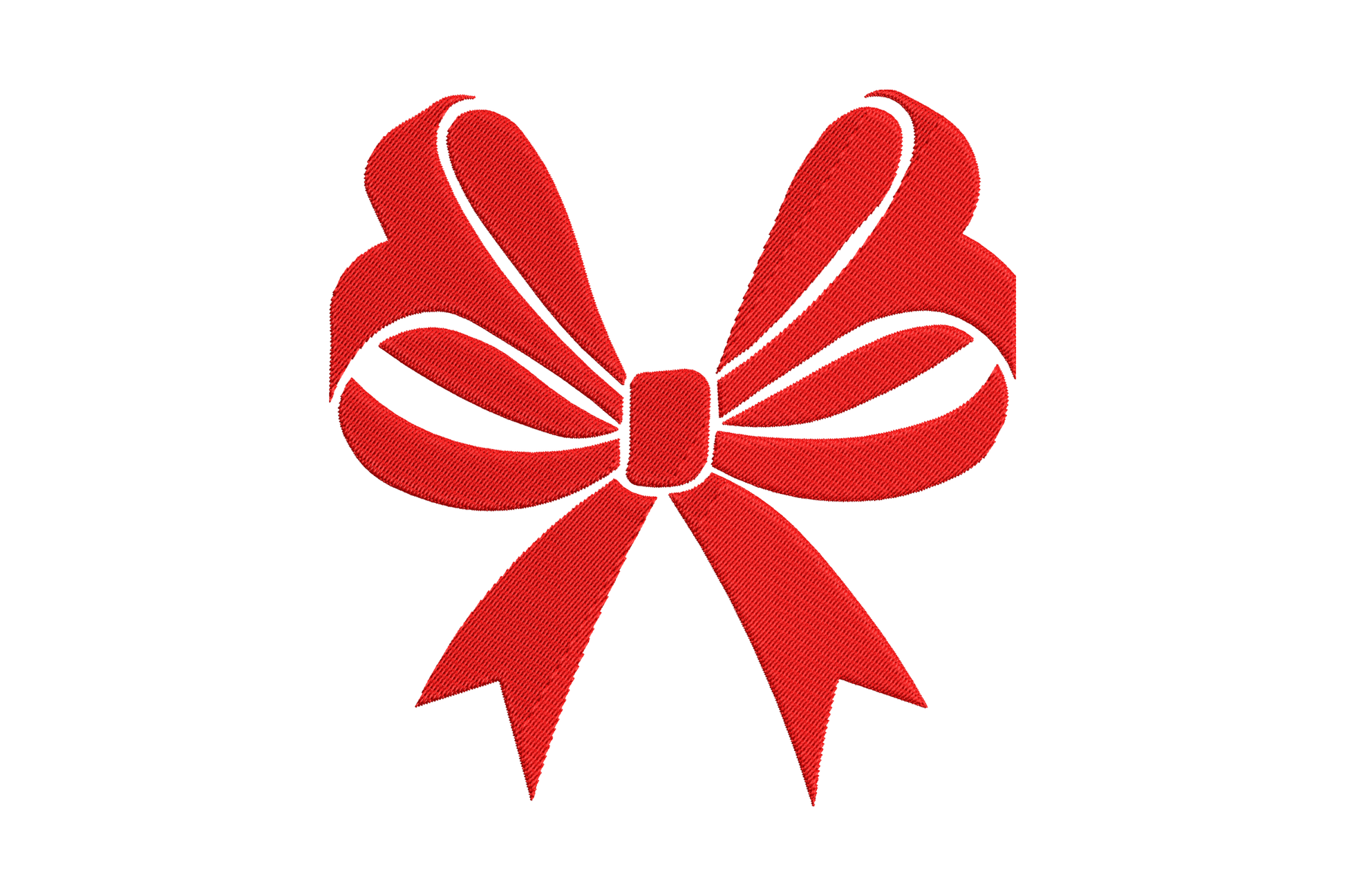 Solid red gift bow machine embroidery design, symmetrical loops and ribbon tails, dense satin fill, 5 sizes 2 to 6 inch