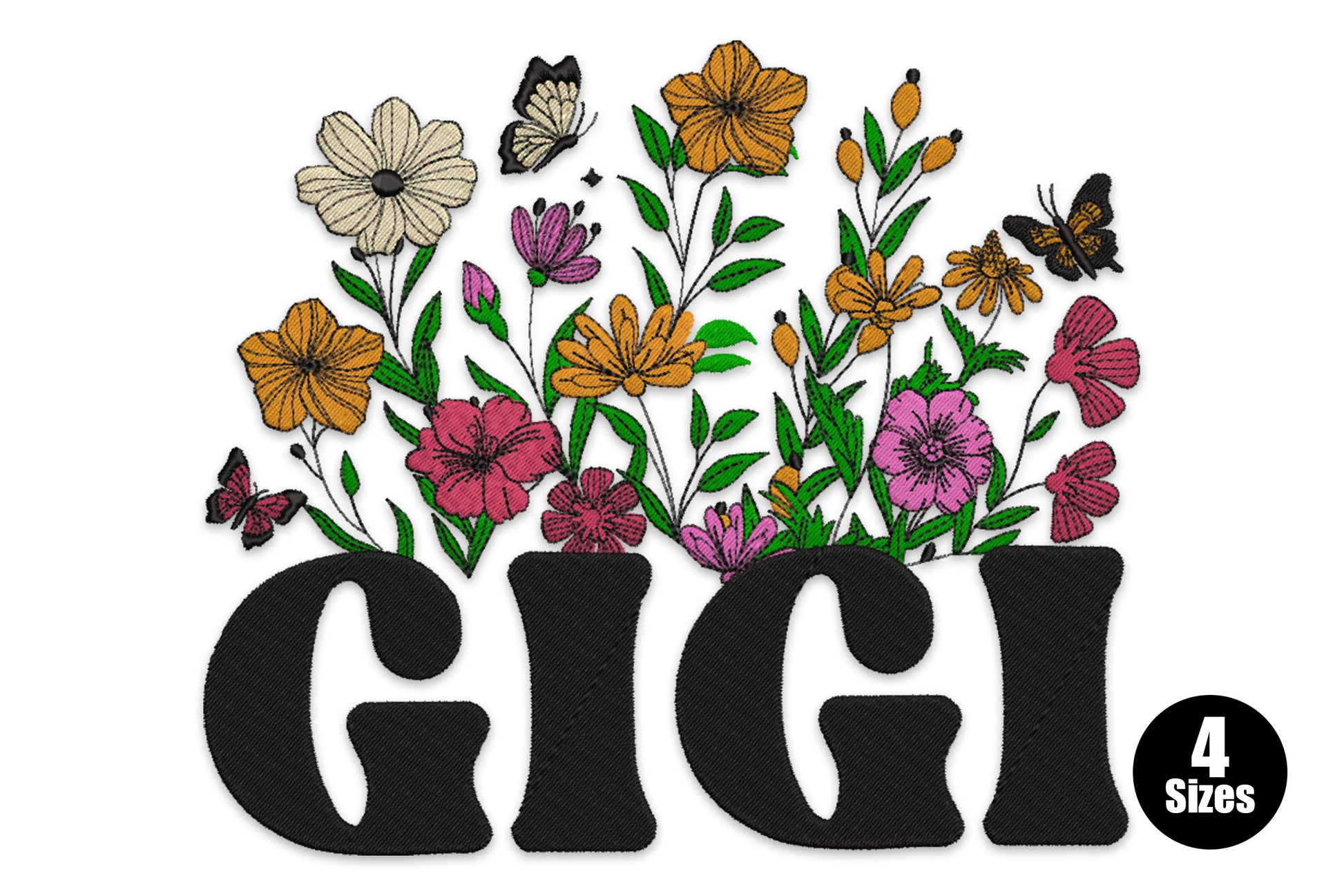 Gigi embroidery design with bold black letters topped by wildflowers, orange dahlias, pink cosmos and two small butterflies.