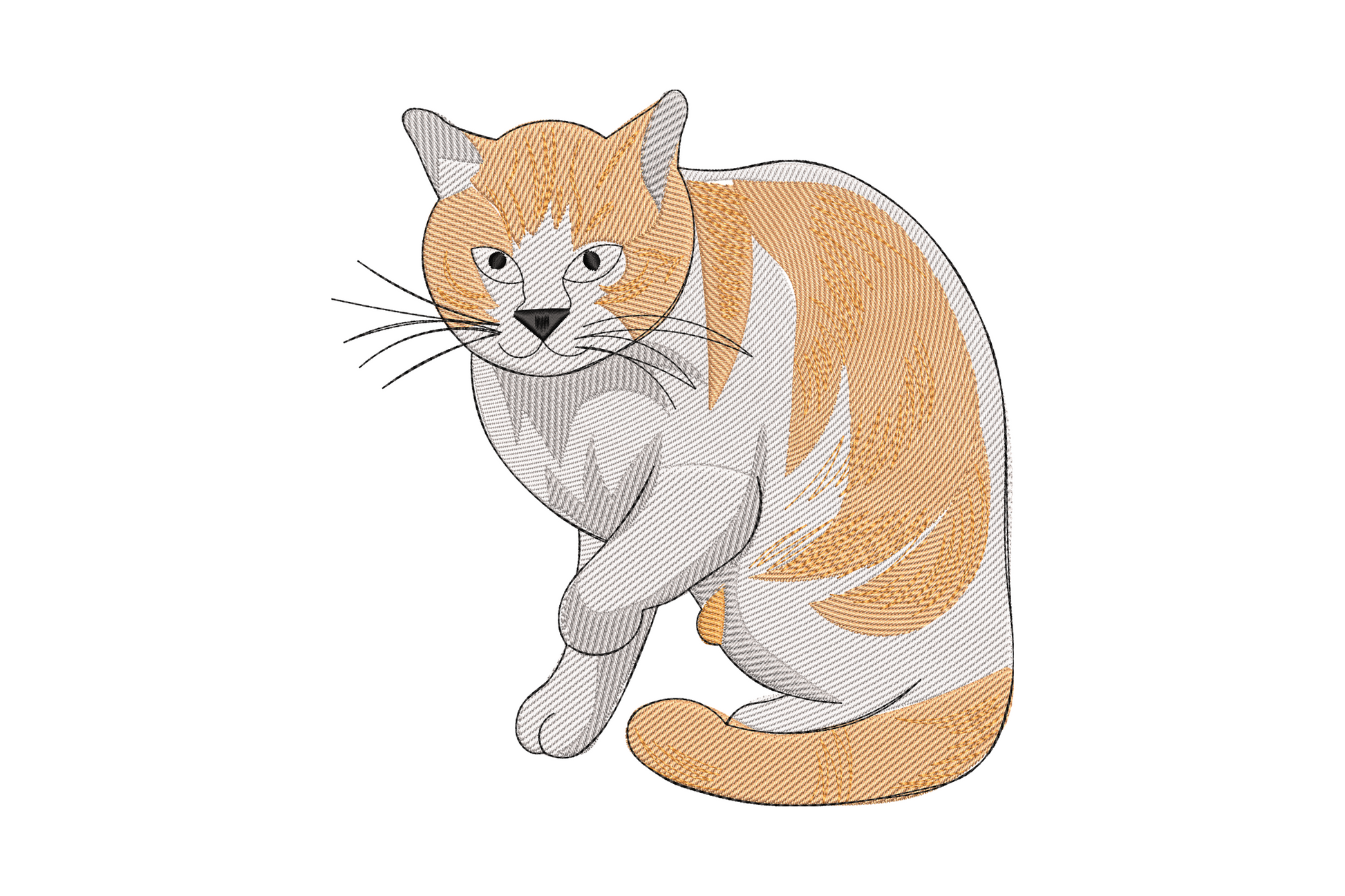 Ginger and white cat machine embroidery design, realistic fur texture, 5 sizes from 3.33 to 7.13 inches, Wilcom digitised