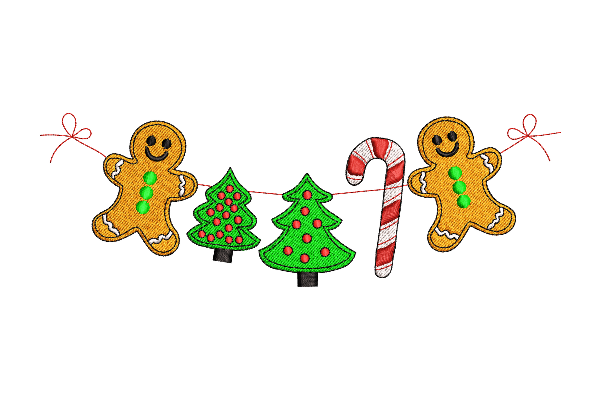 Gingerbread christmas garland embroidery with two orange cookie men green trees and red candy cane strung on red wire.