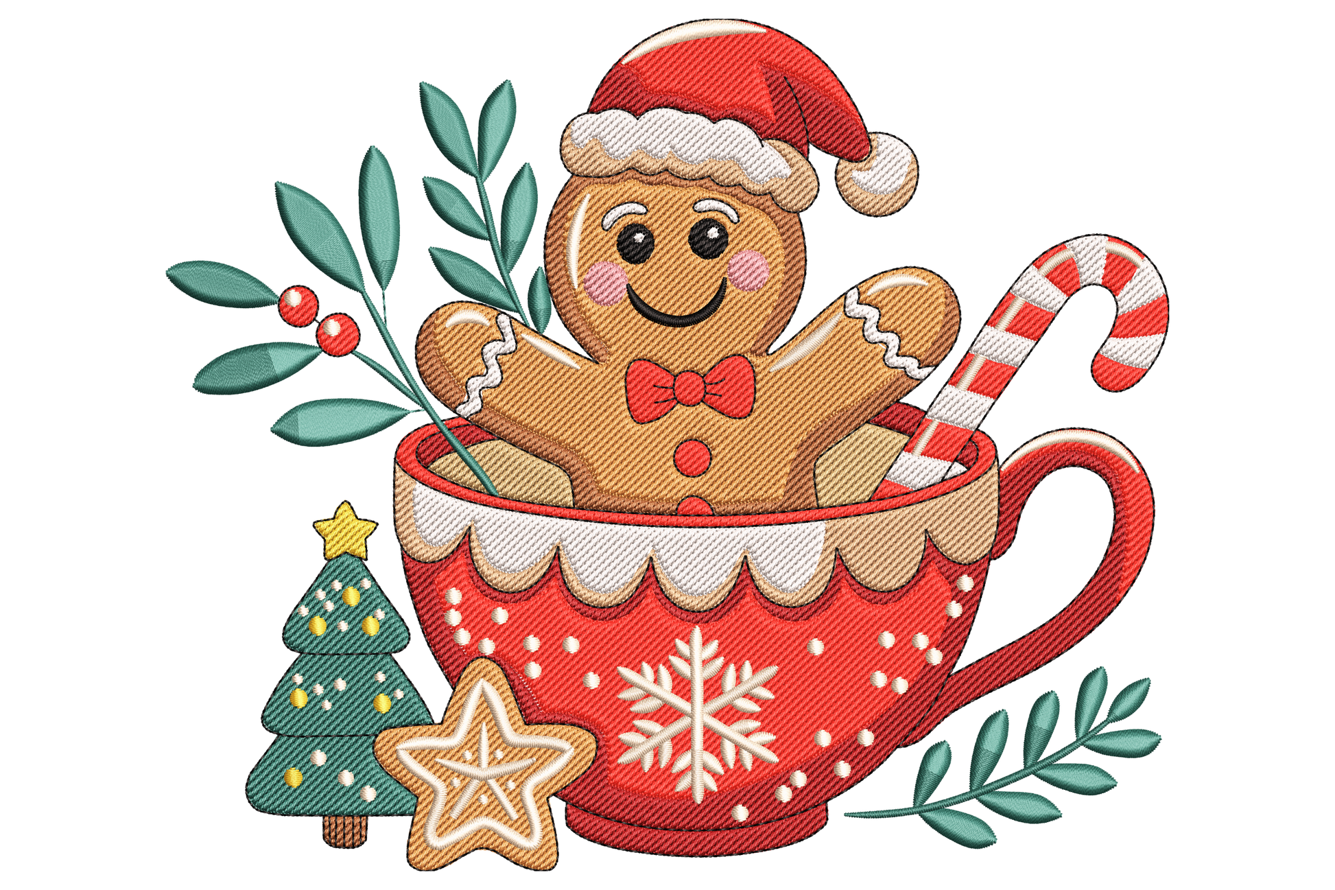 Gingerbread man cookie perched on red christmas mug with legs dangling, white icing detail, steam wisps, plaid cup pattern, twelve colour warm holiday machine embroidery design.