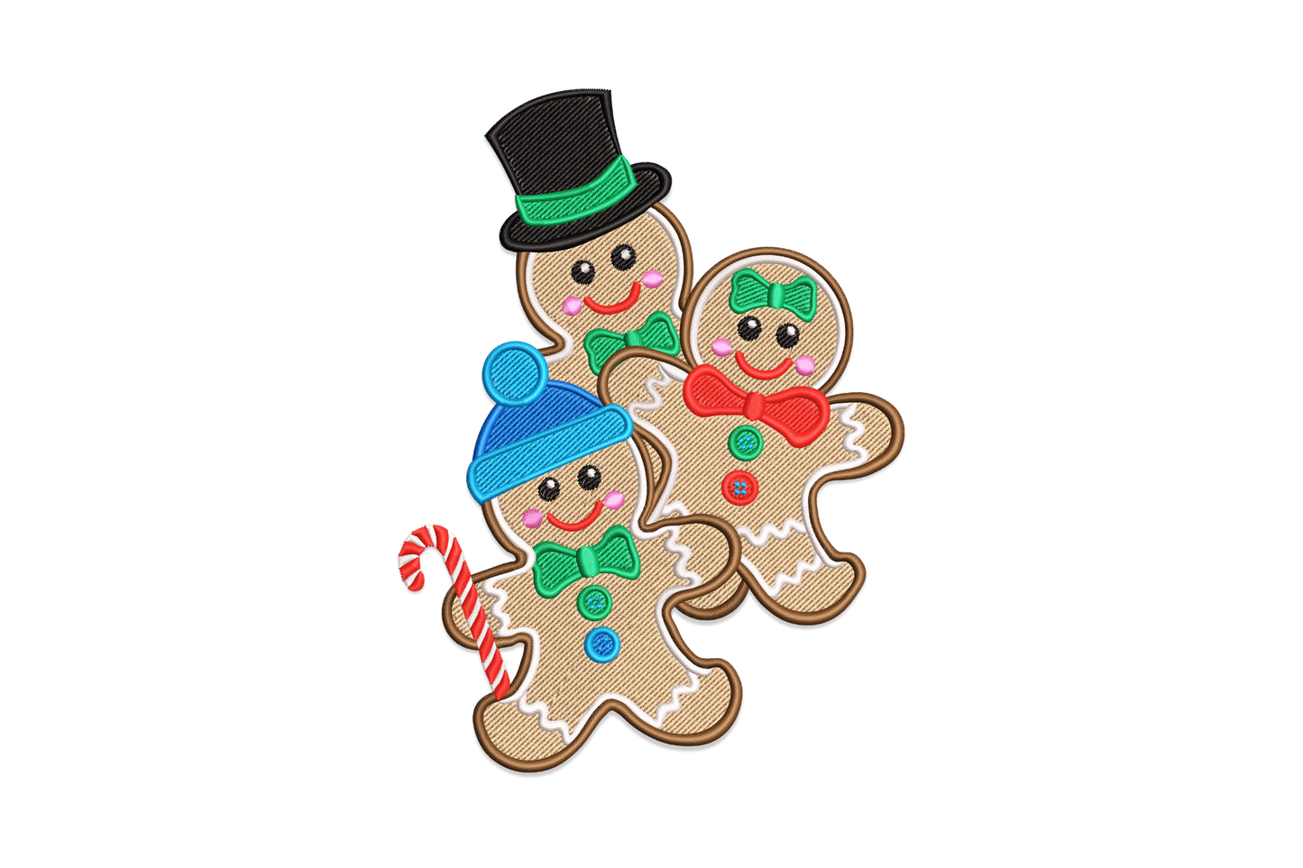 Gingerbread family embroidery with three cookie figures: top hat, red bow tie, blue pompom hat child holding a candy cane.