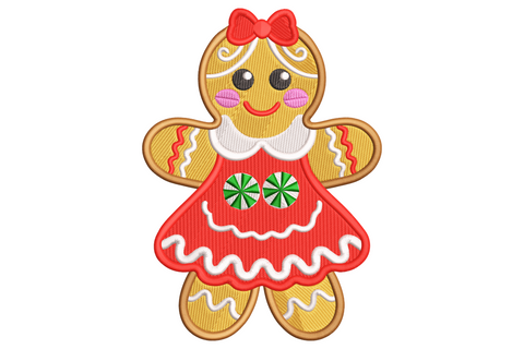 Gingerbread girl embroidery design wearing red puffed sleeve dress with white icing trim, red hair bow and green peppermint button details