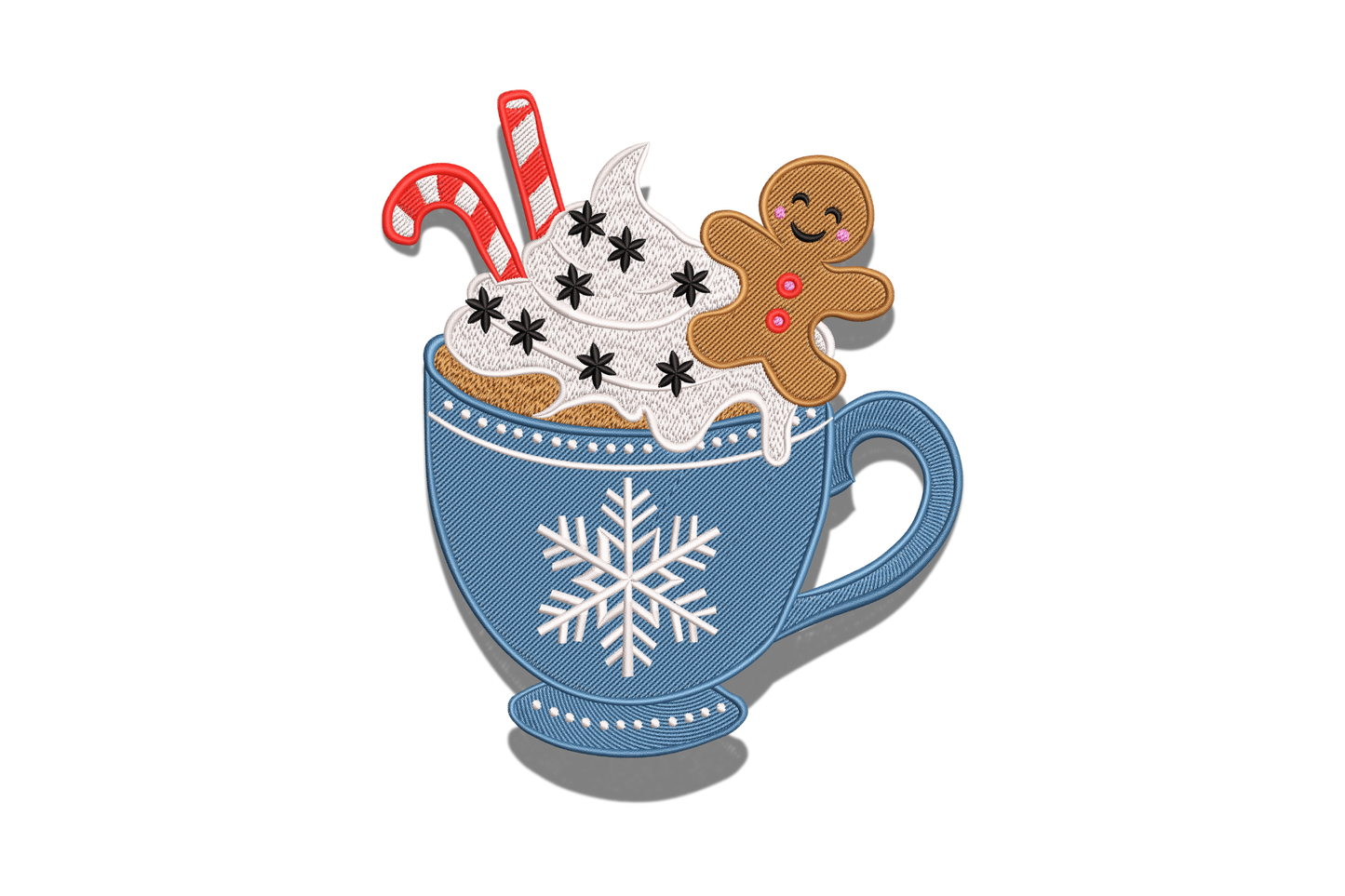 Gingerbread hot cocoa mug embroidery, blue snowflake mug with cream, candy canes and tiny gingerbread man on rim