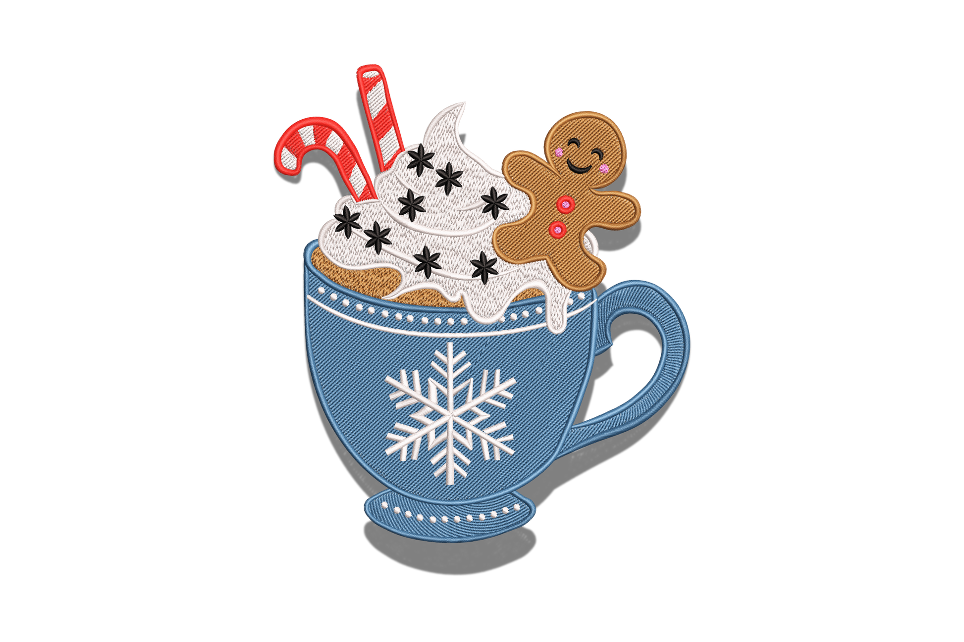 Gingerbread hot cocoa mug embroidery, blue snowflake mug with cream, candy canes and tiny gingerbread man on rim