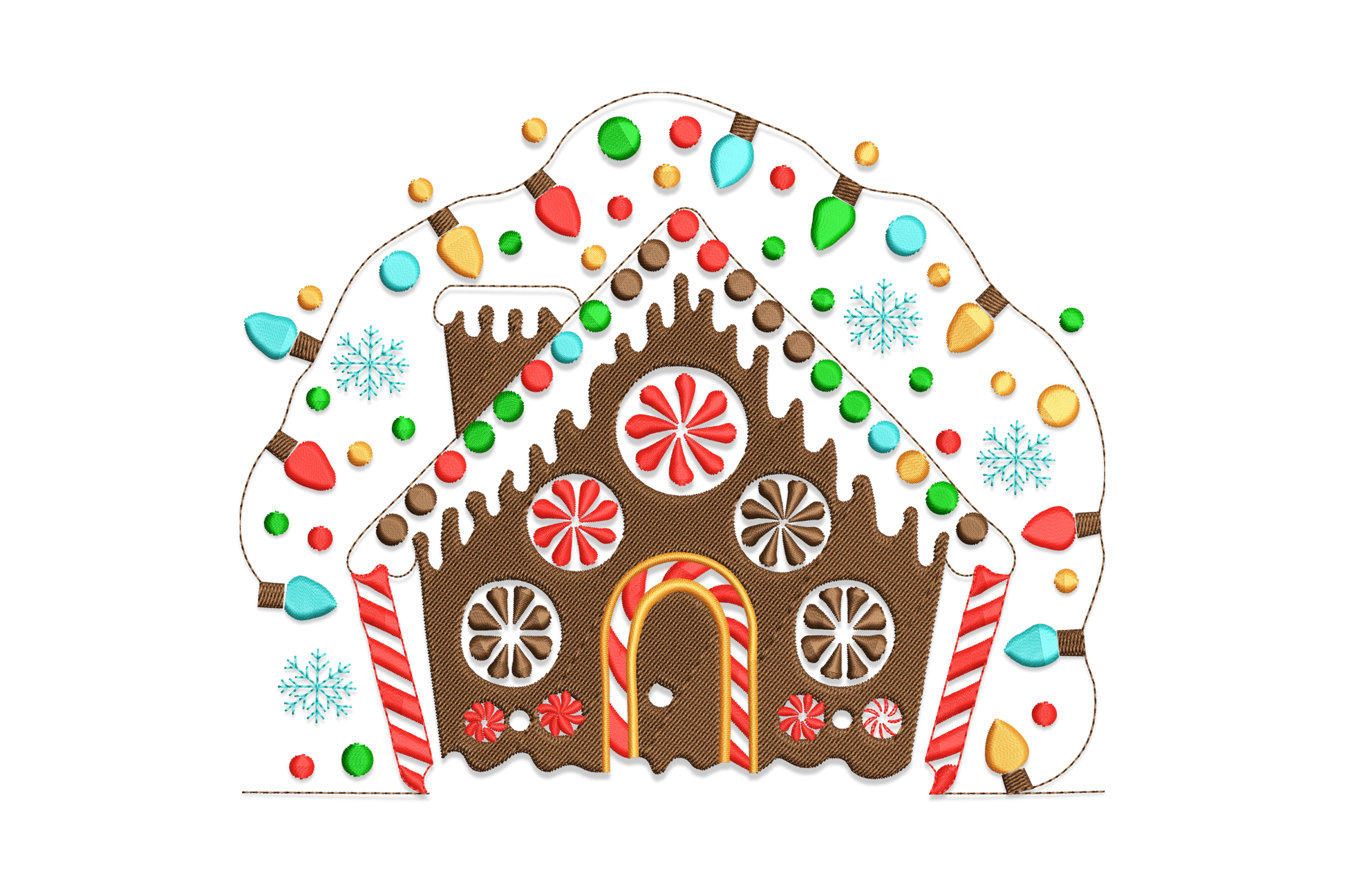 Gingerbread house embroidery, white drip icing roof, candy cane door, peppermint rounds, string lights, teal snowflakes.