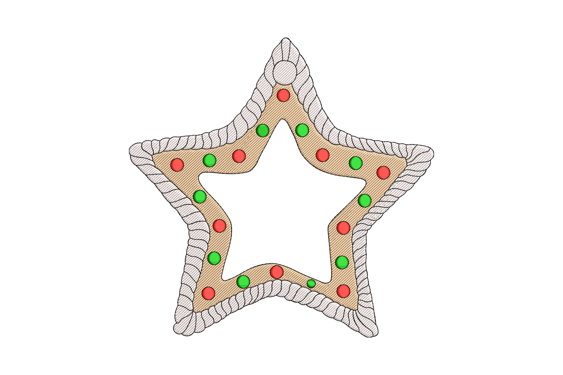 Gingerbread star machine embroidery design with piped icing detail, warm brown satin fill and white dot accents, christmas baking pattern