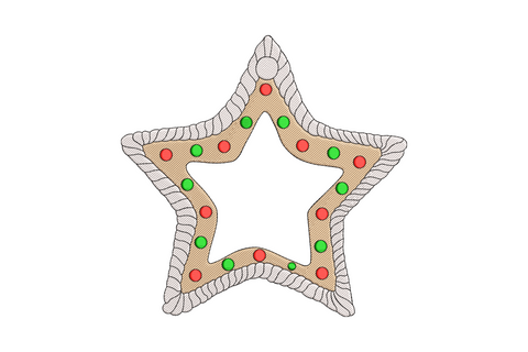 Gingerbread star machine embroidery design with piped icing detail, warm brown satin fill and white dot accents, christmas baking pattern