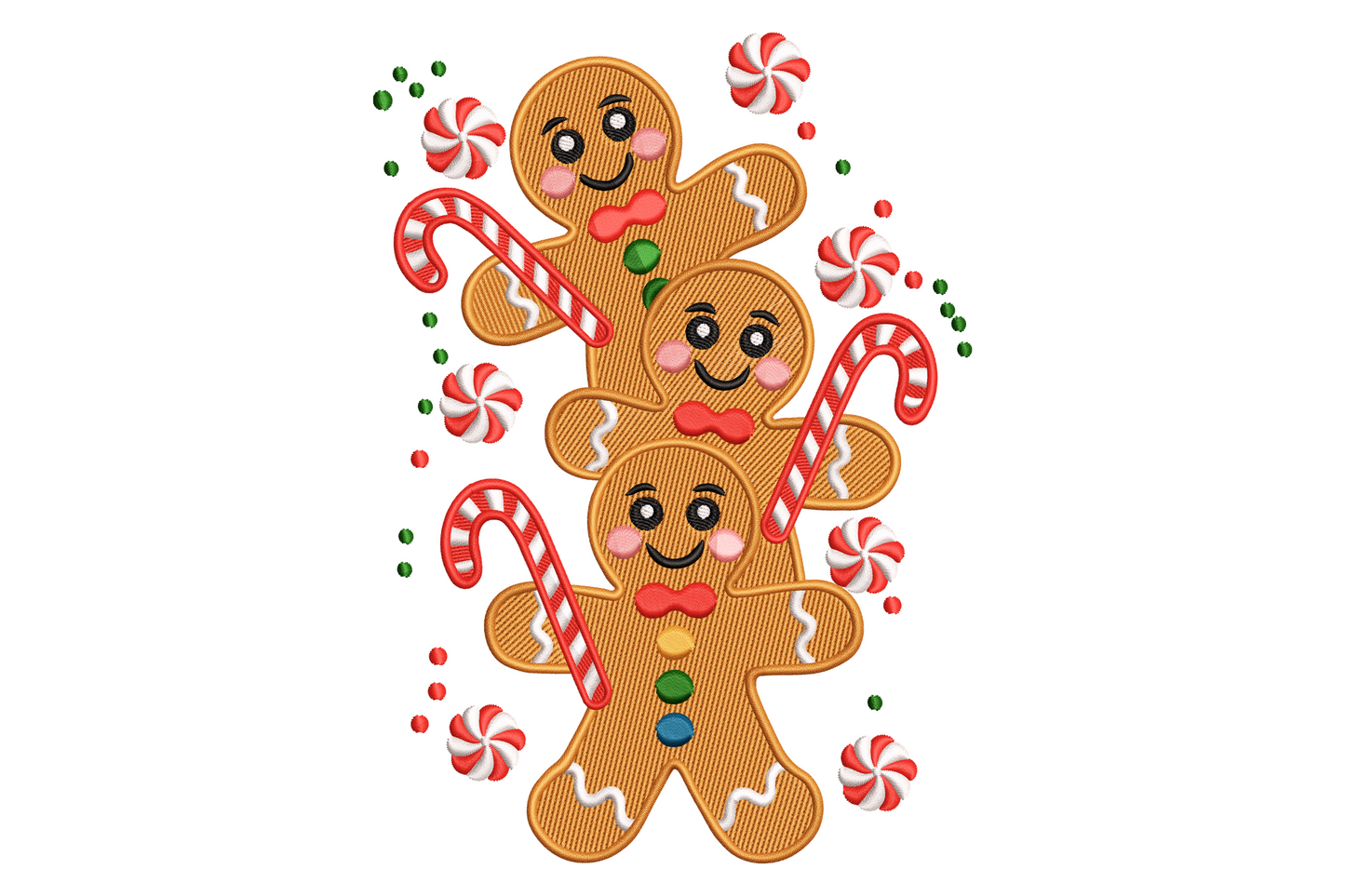 Gingerbread trio Christmas machine embroidery design, three gingerbread figures with icing details in 9 colours, cartoon style, 2.52 inches wide