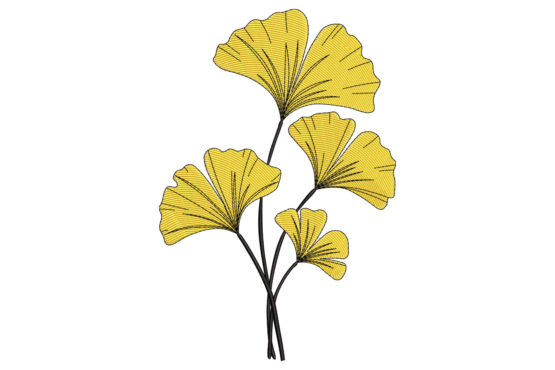 Ginkgo leaf branch embroidery with six fan-shaped leaves in warm golden yellow on a black branching stem.